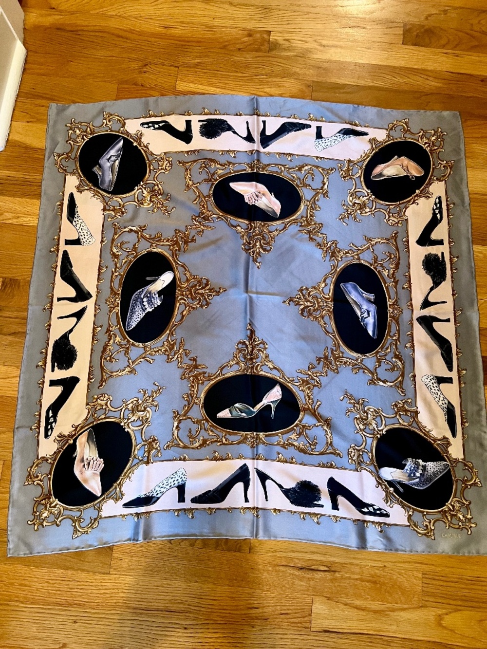 EUC RARE Vintage Carlisle Silk Satin High Heels Shoes Print 35" Square Scarf